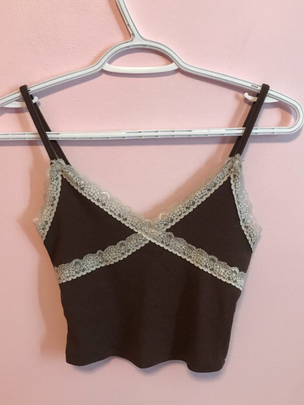 GARAGE Brown Cropped Tank Top with White Lace